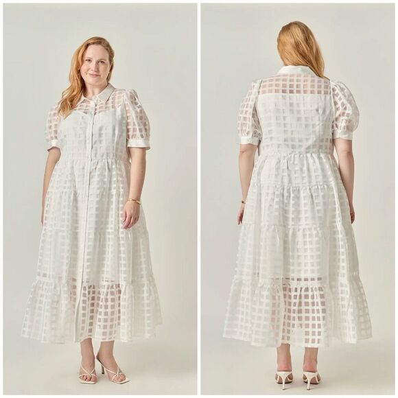 English Factory Dresses & Skirts - English Factory Gridded Organza Tiered Maxi Dress Plus Size 1X Puff Sleeve New